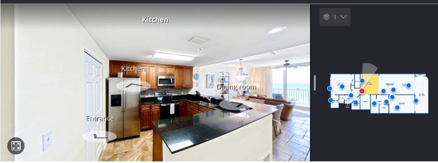 3D home virtual tour showing a kitchen and living area with an interactive floor plan panel