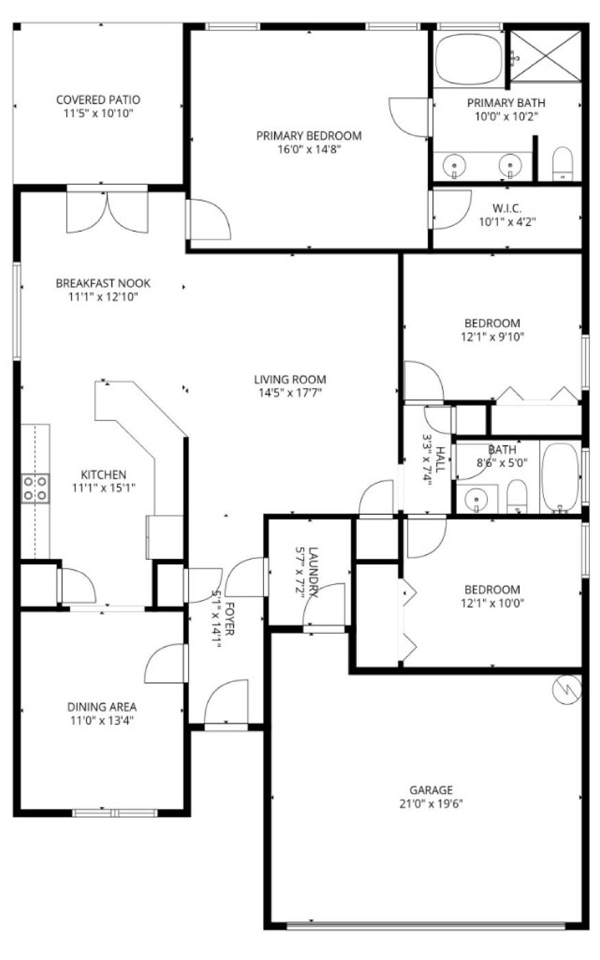Dimensioned 2D floor plan showing room labels and measurements for a Gulf Coast home
