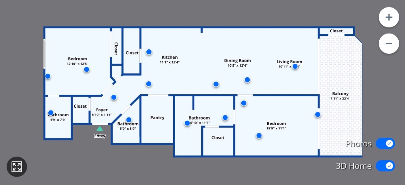 Interactive digital floor plan with room navigation markers for a coastal condo